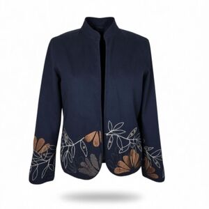 Chicos Blazer 1 M 8 Black Open Front Embroidered Floral Studded Lined Cotton